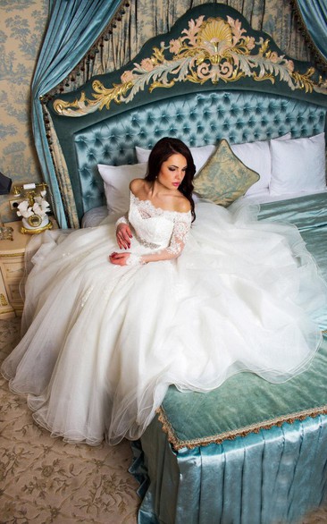 Off-the-shoulder Lace Illusion Long Sleeve Tea-length Ball Gown Wedding Dress With Jeweled Waist