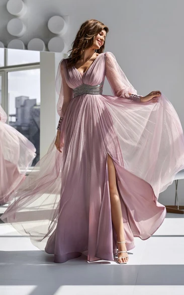 Illusion Long Sleeve V-neck Chiffon Front Split Dress with Pleats and Beaded Waist