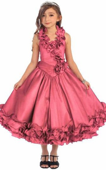 Layered Ruffled Tea-Length Lace Flower Girl Dress