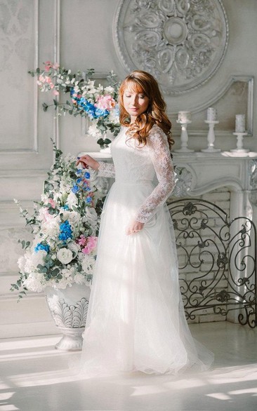 Floor-Length Illusion Long-Sleeve Tulle Lace Dress