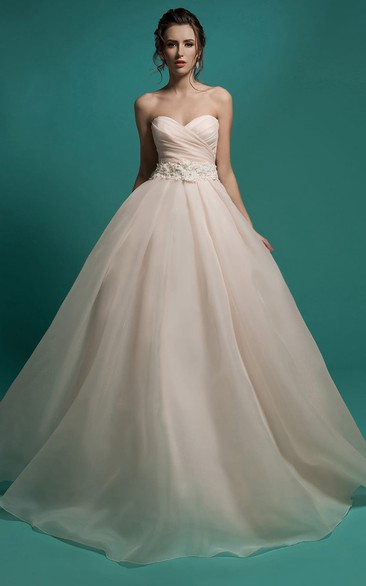 Sleeveless Ruched Appliques Long A-Line Organza Gown