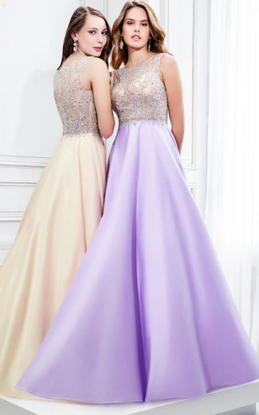 Bateau A-line Satin Prom Dress With Illusion And Beading