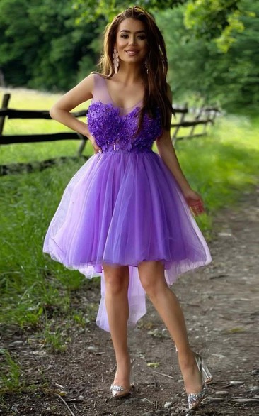 Scoop Tulle Sleeveless High-Low Homecoming Dress with Appliques and Beading