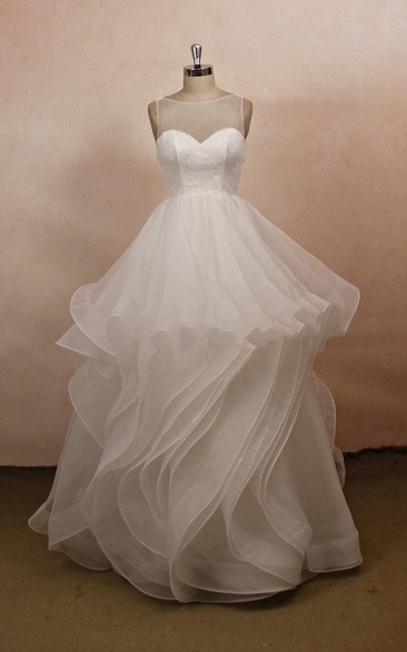 Lace Ruffled Wedding Tulle Backless Satin Dress