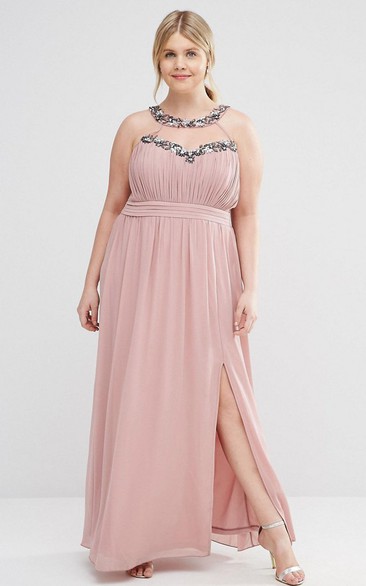A-Line Ankle-Length Sleeveless Beaded Scoop-Neck Chiffon Bridesmaid Dress With Ruching And Pleats
