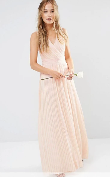 Sheath Sleeveless Maxi V-Neck Chiffon Bridesmaid Dress With Pleats And V Back