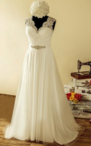 Satin Jewel Sequined Lace Tulle Bridal Dress