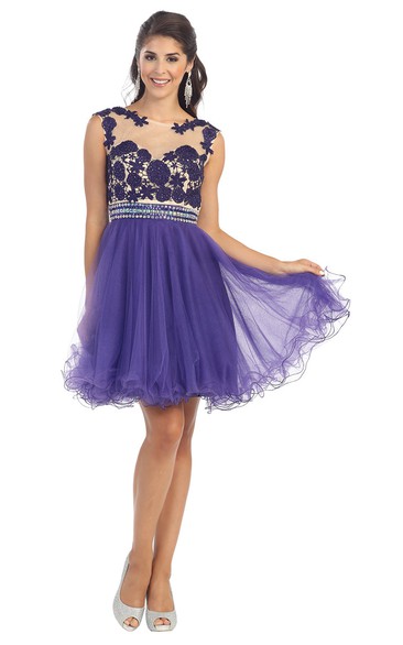 A-Line Illusion Pleated Appliqued Short Mini Sleeveless Scoop-Neck Tulle Dress