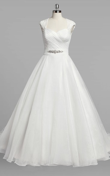 Organza Ruched Jewel Cap-Sleeve Queen-Anne-Neckline Dress