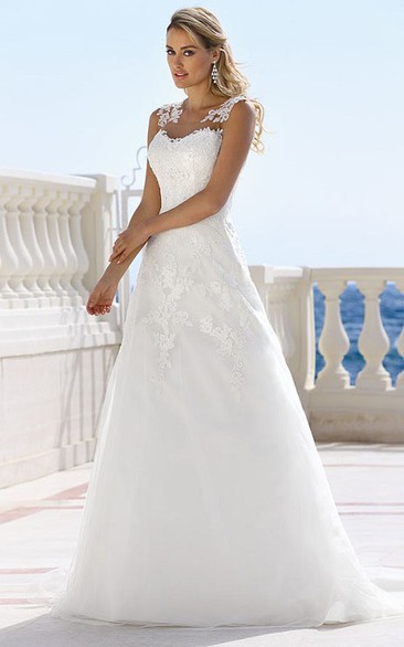 A-line V-neck Sleeveless Floor-length Satin Wedding Dress with Illusion and Appliques