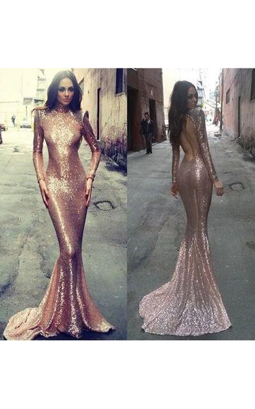 High Neck Sequins Long Sleeve Sweep Brush Train Pleats Dress