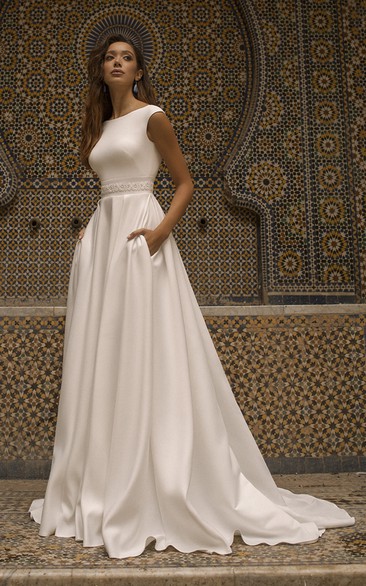 Elegant Cap Sleeve Satin Wedding Dress With Bateau Neckline With V-back And Sash Details