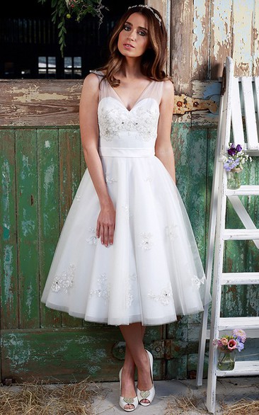 Plunged Sleeveless Tea-length Wedding Dress With Beading And Tulle Overlay