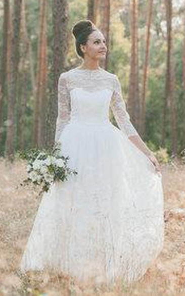 Jewel-Neck Lace Illusion Long Sleeve A-line Wedding Dress