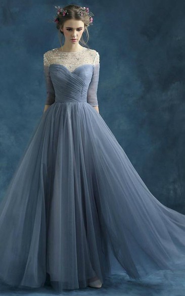 Long Jewel Short-Sleeve A-Line Tulle Draping Dress