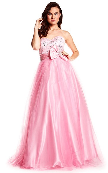 Sweetheart Tulle A-line Satin Beaded Dress With bow And Corset Back