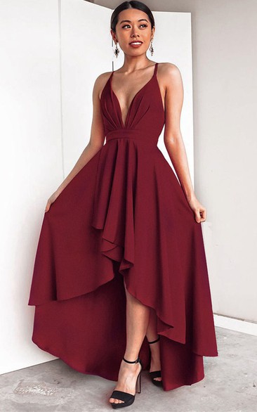 High-Low A Line Plunging Neck Prom Dress with Ruching