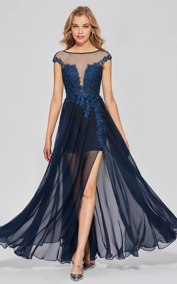 A-line Sexy Bateau Chiffon Split Front Gown With Lace Appliques And Deep V-back