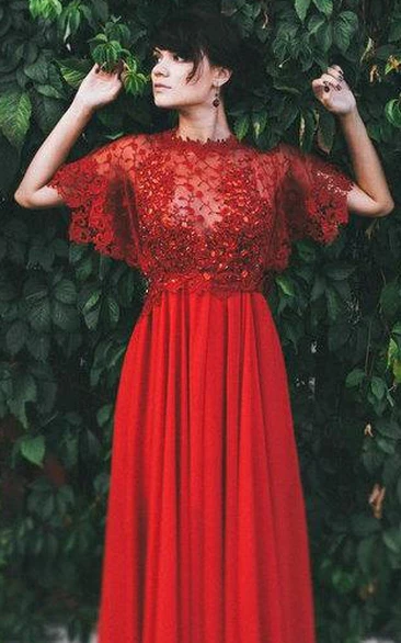 Jewel-Neck Poet-sleeve Chiffon Floor-length Dress With Lace top