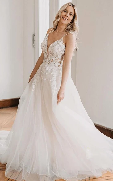 Ball Gown Spaghetti Lace Tulle Floor-length Sleeveless Backless Wedding Dress With Appliques