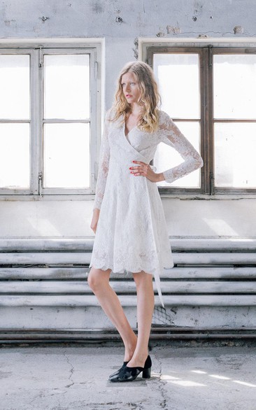 Wrap Long-Sleeve Lace Short Bridal Dress