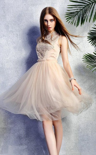 glam short A-line Tulle Dress With Appliqued top