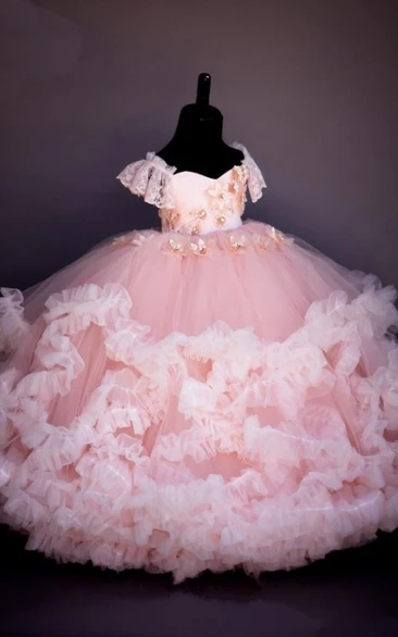 Ball Gown Sweetheart Cap-Sleeve Tier Flower Girl Dress