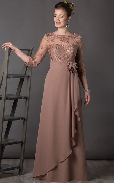 Bateau 3-4-sleeve draped Mother of the Bride Dress With Appliques And Low-V Back