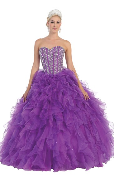 Long Jeweled Ruffled Sweetheart Strapless Organza Sleeveless Lace-Up Ball Gown