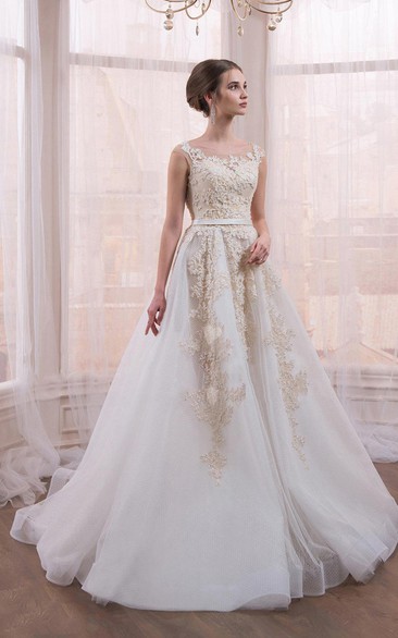 Bateau-neck Appliqued A-line Wedding Dress With Illusion back And Ruffled hemline