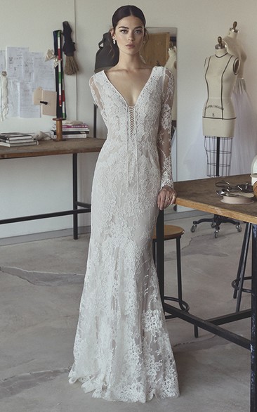 Sexy Bohemian Illusion Long Sleeve Lace Mermaid Bridal Gown With Plunging