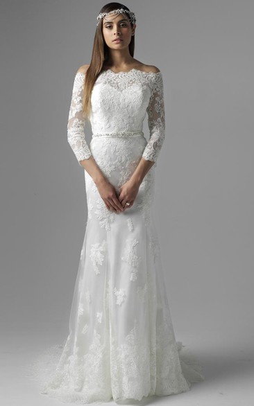Off-the-shoulder Lace Long Sleeve Dress With Appliques And Court Train