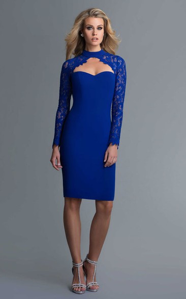 Pencil Lace Knee-Length High-Neck Jersey Long-Sleeve Keyhole Dress