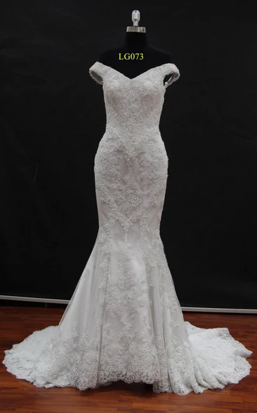 Fishtail Long Train Lace Off-Shoulder Wedding Dress