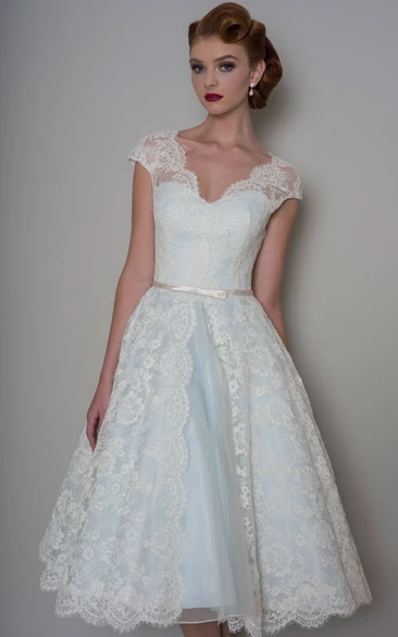 V-neck Cap-sleeve midi Dress lace Illusion top