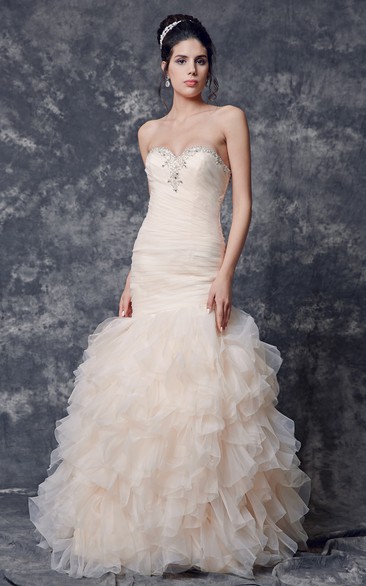 Ruched Long Train Lace Shinning Organza Gown