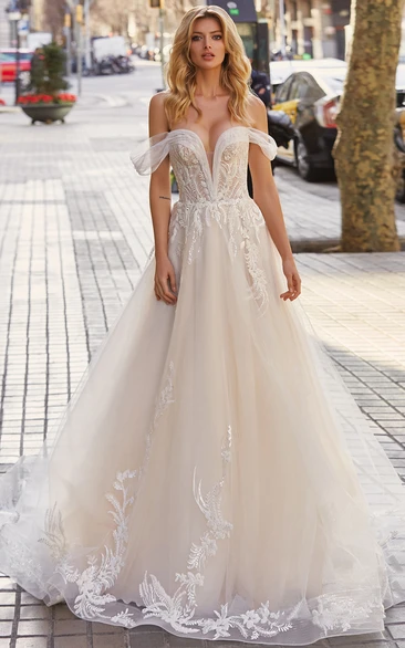 Godness Tulle A-line Ball Gown Off-the-shoulder Lace Applique Corset Back Wedding Dress