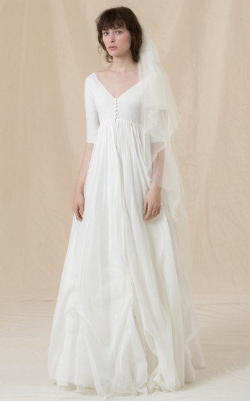 Elegant A Line V-neck Tulle Floor-length Half Sleeve Wedding Dress with Ruching