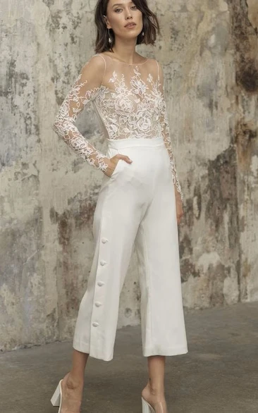 Bateau Neck Long Sleeve Tea Length Satin Wedding Pantsuit with Criss Cross and Illusion