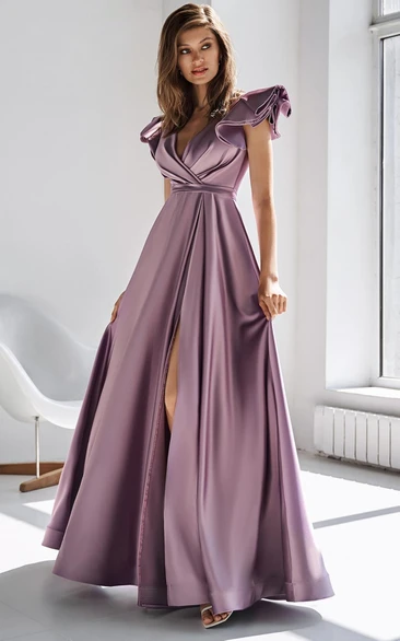 Sexy A Line V-neck Satin Floor-length Dress with Ruching and Split Front