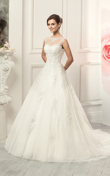 Jewel Appliqued Lace Ball-Gown Princess Tulle Illusion Dress