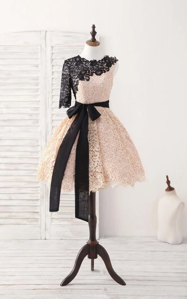 Black and Champagne A Line Knee Length One Shoulder Dress with Sash and Bow