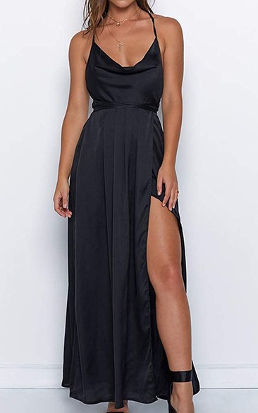 Sexy V-neck Cowel A Line Satin Prom Dress With Ruffles and Split Front