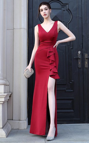 Sheath Satin V-neck Prom Dress with Ruffles and Split Front