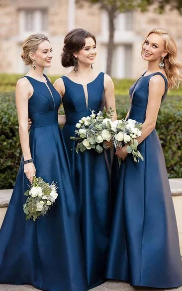 Square-neck Sleeveless Notched Satin Sheer Navy Blue Bridesmaid Dress
