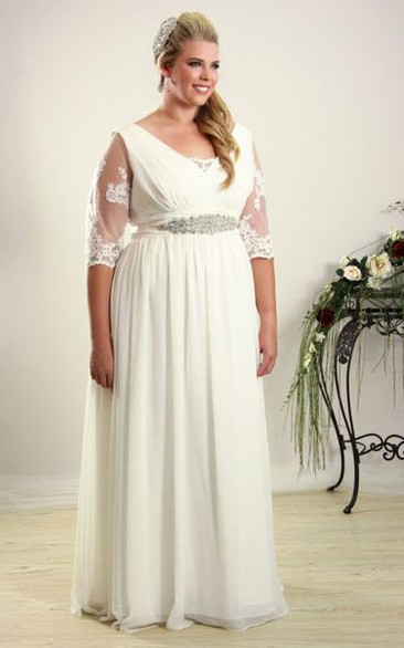 Chiffon Illusion Half Sleeve Long plus size Wedding Dress With Embellished Waist