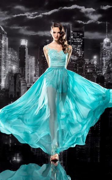 A-line Bateau Sleeveless Floor-length Chiffon/Lace Prom Dress with Deep-V Back and Appliques