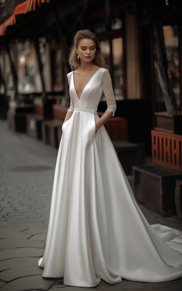 Chic V-neck Lace 3-4-sleeve Satin Empire A-line Wedding Dress
