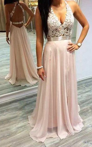 V-neck Chiffon Sleeveless Floor-length Cross Back A Line Prom Dress with Lace and Sash