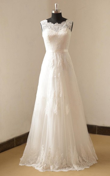 Bateau Sleeveless A-line Lace Tulle Wedding Dress With Appliques Corset Back